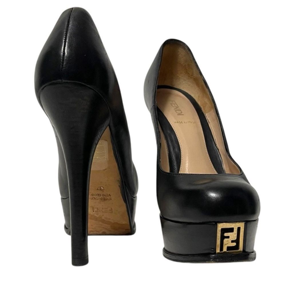 FENDI Fendista Leather Gold Logo Platform Heels 37 - Picture 5 of 16